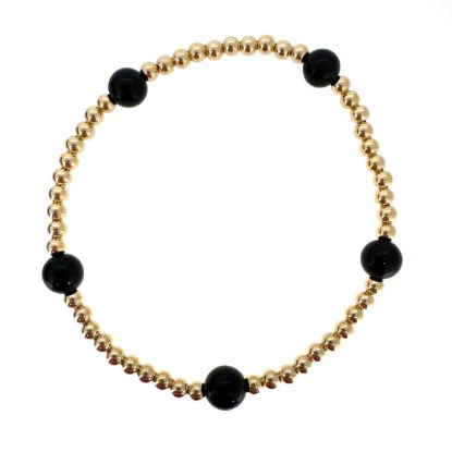 Wholesale 1/20 14K Gold Filled 3mm Smooth Beaded Stretchy Bracelet with 6mm Black Onyx - 6.5" 