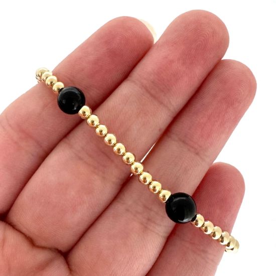 Wholesale 1/20 14K Gold Filled 3mm Smooth Beaded Stretchy Bracelet with 6mm Black Onyx - 6.5" 