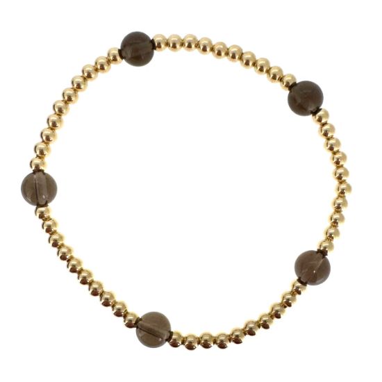 Wholesale 1/20 14K Gold Filled 3mm Smooth Beaded Stretchy Bracelet with 6mm Smokey Quartz - 6.5"