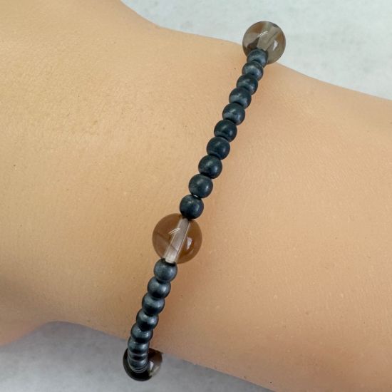 Wholesale Oxidized 925 Sterling Silver 3mm Smooth Beaded Stretchy Bracelet with 6mm Smokey Quartz - 6.5"