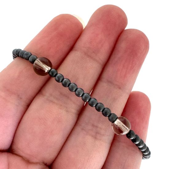 Wholesale Oxidized 925 Sterling Silver 3mm Smooth Beaded Stretchy Bracelet with 6mm Smokey Quartz - 6.5"