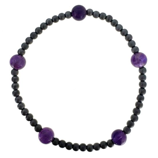 Wholesale Oxidized 925 Sterling Silver 3mm Smooth Beaded Stretchy Bracelet with 6mm Amethyst - 6.5"