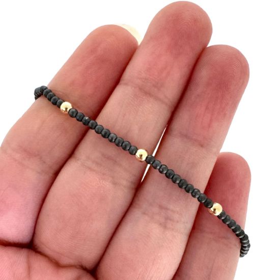 Wholesale Oxidized 925 Sterling Silver 2mm Smooth Beaded Stretchy Bracelet with 3mm Gold Filled Beads - 6.5"