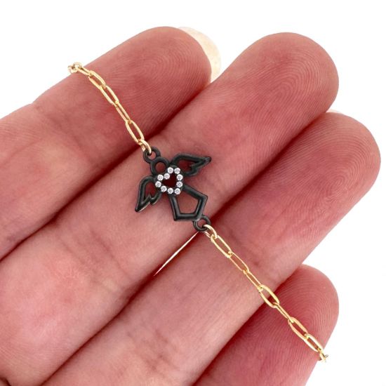 Wholesale 1/20 14K Gold Filled Adjustable Bracelet with Oxidized Silver CZ Angel Charm - 6.5-8"
