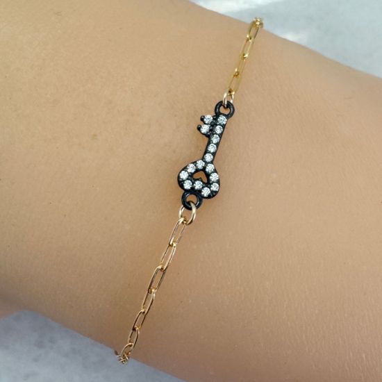 Wholesale 1/20 14K Gold Filled Adjustable Bracelet with Oxidized Silver CZ Key Charm - 6.5-8"