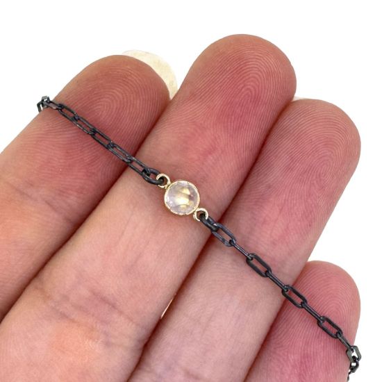 Wholesale Oxidized 925 Sterling Silver Adjustable Bracelet with Gold Filled Natural Gemstone Bezel - 6.5-8"