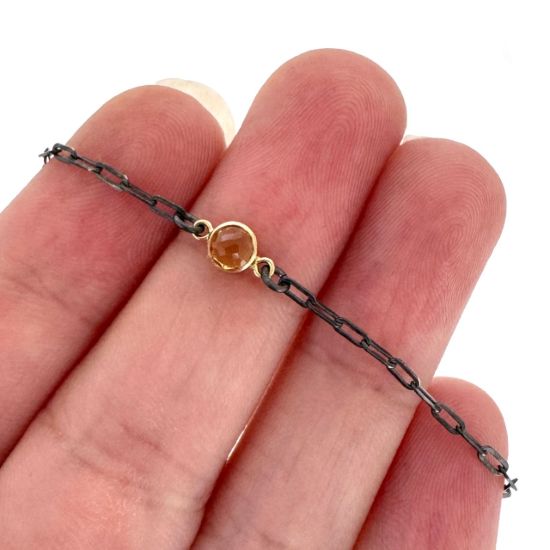 Wholesale Oxidized 925 Sterling Silver Adjustable Bracelet with Gold Filled Natural Gemstone Bezel - 6.5-8"