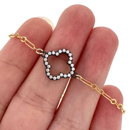 Wholesale 1/20 14K Gold Filled Adjustable Bracelet with Oxidized Silver CZ Clover Charm - 6.5-8"