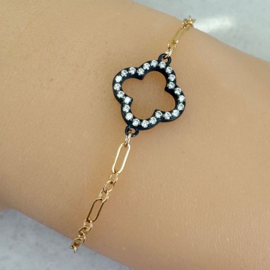 Wholesale 1/20 14K Gold Filled Adjustable Bracelet with Oxidized Silver CZ Clover Charm - 6.5-8"