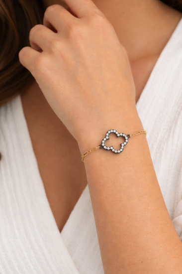 Wholesale 1/20 14K Gold Filled Adjustable Bracelet with Oxidized Silver CZ Clover Charm - 6.5-8"