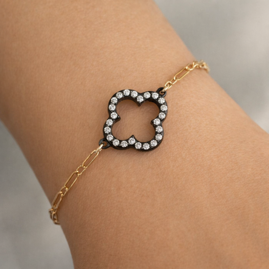 Wholesale 1/20 14K Gold Filled Adjustable Bracelet with Oxidized Silver CZ Clover Charm - 6.5-8"