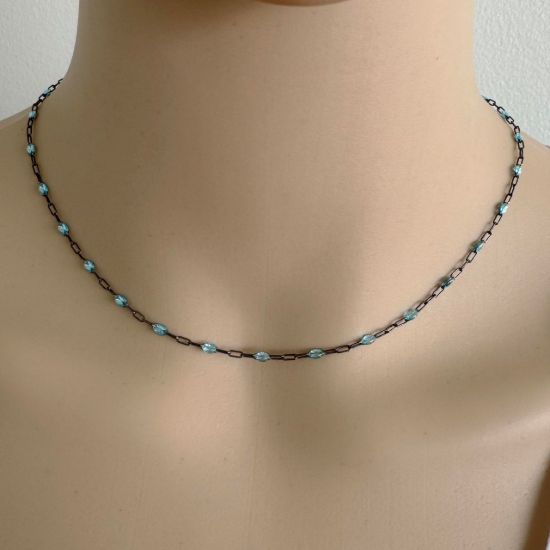 Wholesale Oxidized 925 Sterling Silver Long Box -1+3 PaperClip Enamel Chain (Aqua Blue Color)-4mm by 1.6mm (Sold per foot)