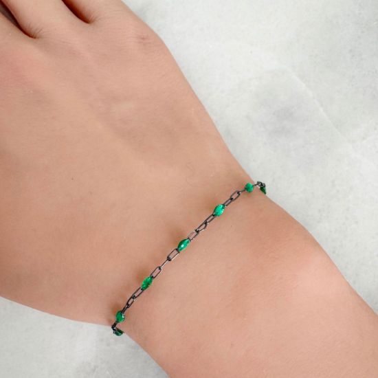 Wholesale Oxidized 925 Sterling Silver Long Box -1+3 PaperClip Enamel Chain (Emerald Color)-4mm by 1.6mm (Sold per foot)