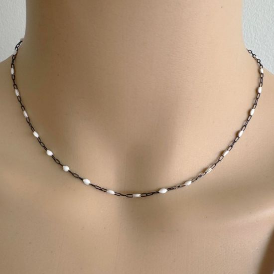 Wholesale Oxidized 925 Sterling Silver Long Box -1+3 PaperClip Enamel Chain (Pearl White Color)-4mm by 1.6mm (Sold per foot)