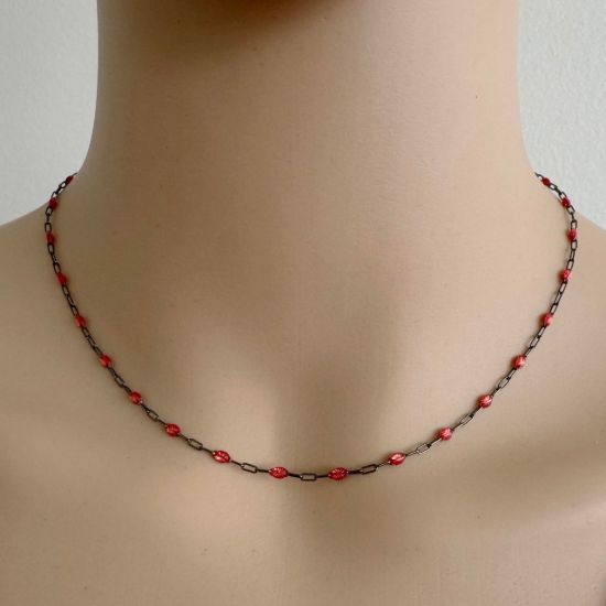 Wholesale Oxidized 925 Sterling Silver Long Box -1+3 PaperClip Enamel Chain (Ruby Color)-4mm by 1.6mm (Sold per foot)