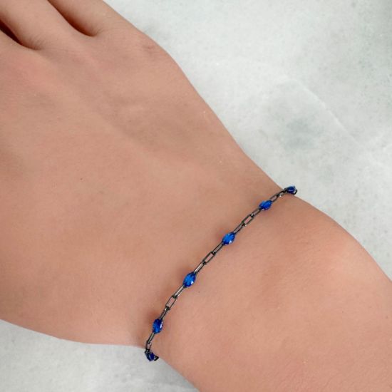 Wholesale Oxidized 925 Sterling Silver Long Box -1+3 PaperClip Enamel Chain (Blue Sapphire Color)-4mm by 1.6mm (Sold per foot)