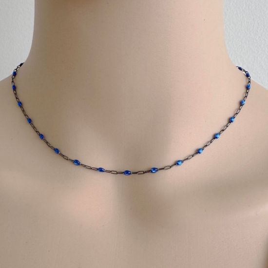 Wholesale Oxidized 925 Sterling Silver Long Box -1+3 PaperClip Enamel Chain (Blue Sapphire Color)-4mm by 1.6mm (Sold per foot)