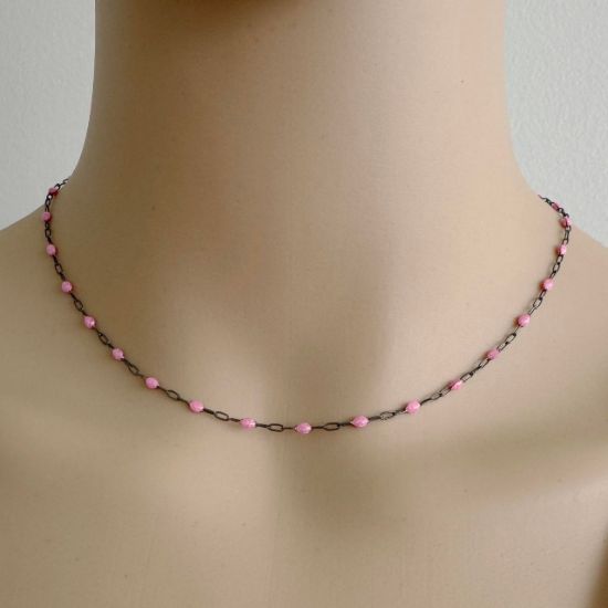 Wholesale Oxidized 925 Sterling Silver Long Box -1+3 PaperClip Enamel Chain (Pink Color)-4mm by 1.6mm (Sold per foot)