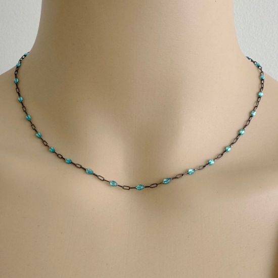 Wholesale Oxidized 925 Sterling Silver Long Box -1+3 PaperClip Enamel Chain (Turquoise Color)-4mm by 1.6mm (Sold per foot)