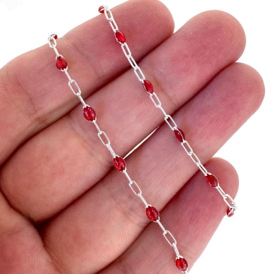 Wholesale 925 Sterling Silver Long Box -1+3 PaperClip Enamel Chain (Garnet Color)-4mm by 1.6mm (Sold per foot)