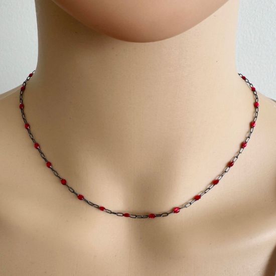 Wholesale Oxidized 925 Sterling Silver Long Box -1+3 PaperClip Enamel Chain (Garnet Color)-4mm by 1.6mm (Sold per foot)